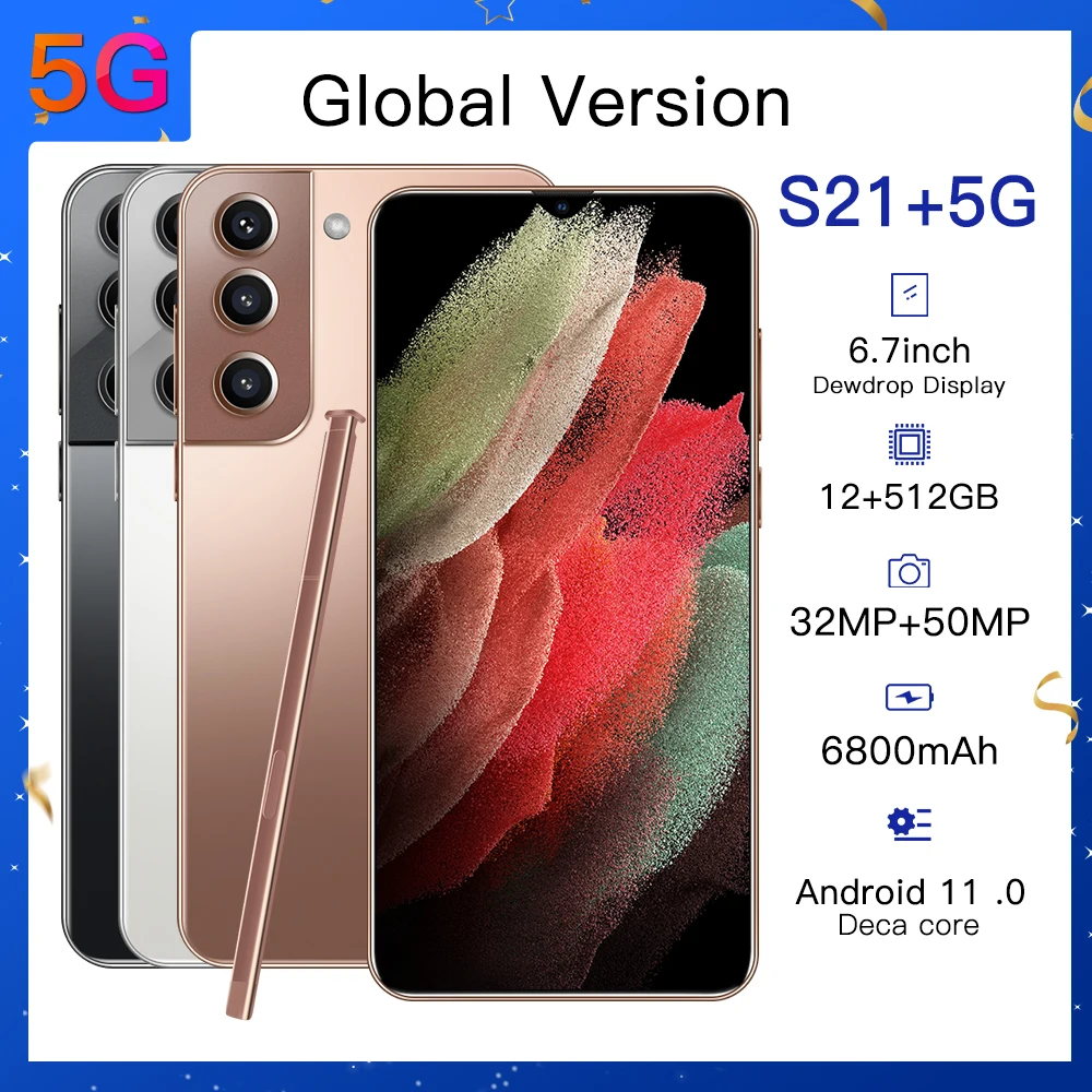

Global Version S21+5G 6.7Inch Smart Phone Android 11 Qualcomm 888 12+512GB ROM Dual Sim Unlocked Mobile Phone MTK6580P Deca Core