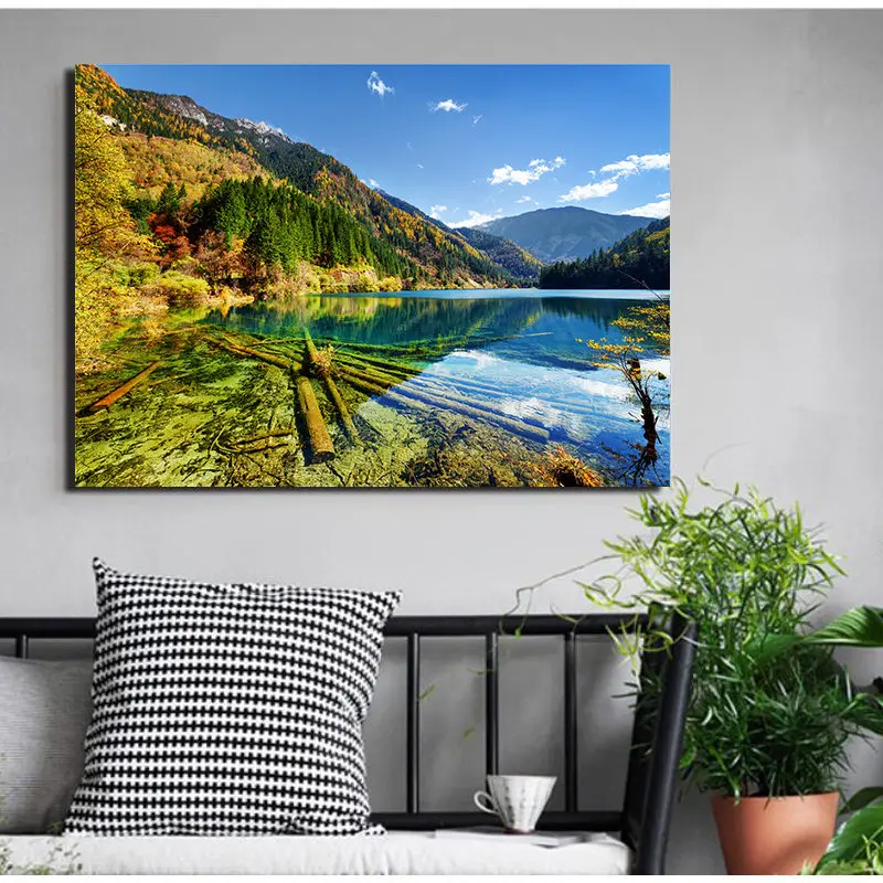 Картина на холсте с изображением лесного рубежа пейзажа горного озера Настенная