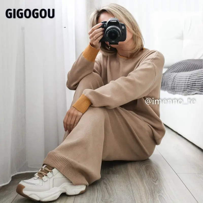 Женский трикотажный брючный костюм GIGOGOU теплый комплект из двух предметов свитер