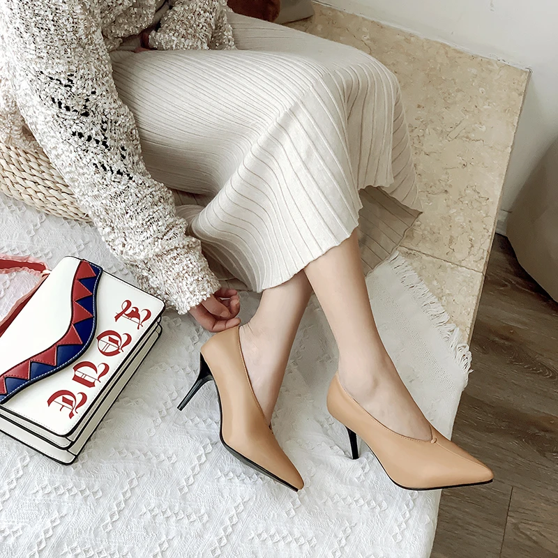 

2021 new women's high heels pointed high heels leather soft leather fashion pump professional office shoes