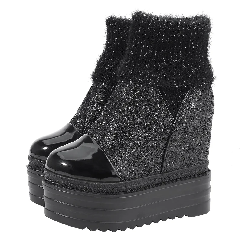 

13cm women's British style street women's plush short boots 2019 new wool collar Sequin thick soled short boots