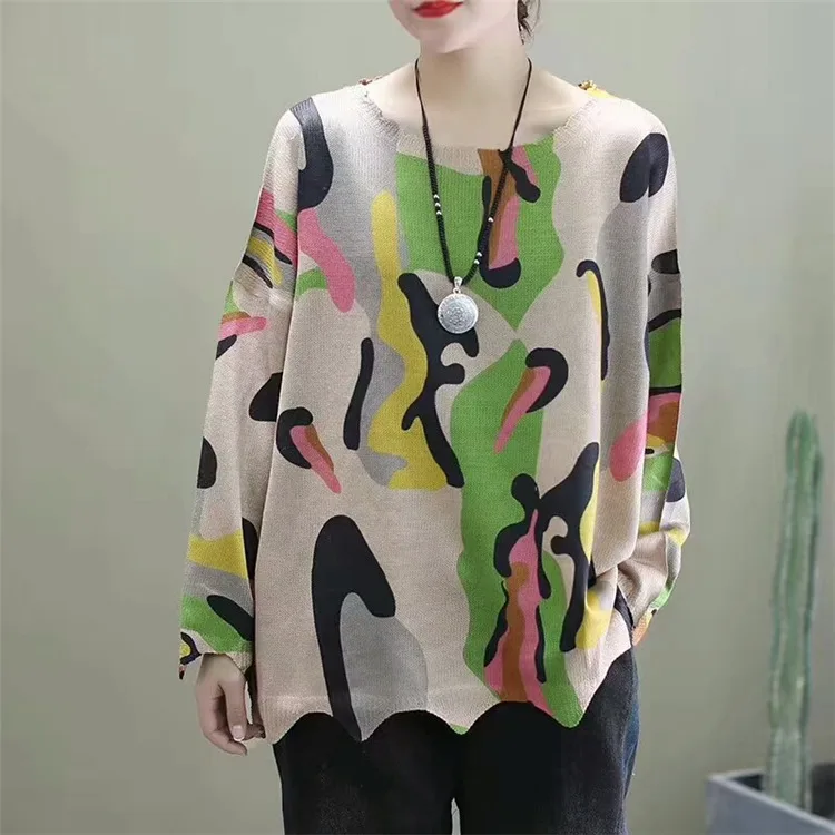 

Women's Printed Casual Sweaters Spring Autumn Girls Plus Size Long Sleeve Pullover Cotton Knitted Tops Blouse Mujer De Robe