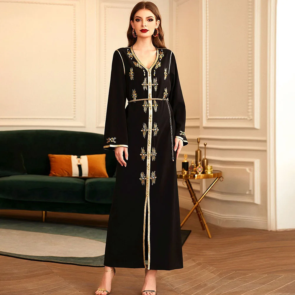 Черная абайя с камнями Дубай мусульманская Мода длинное платье с поясом V-образным вырезом длинным рукавом открытая передняя одежда Рамада...