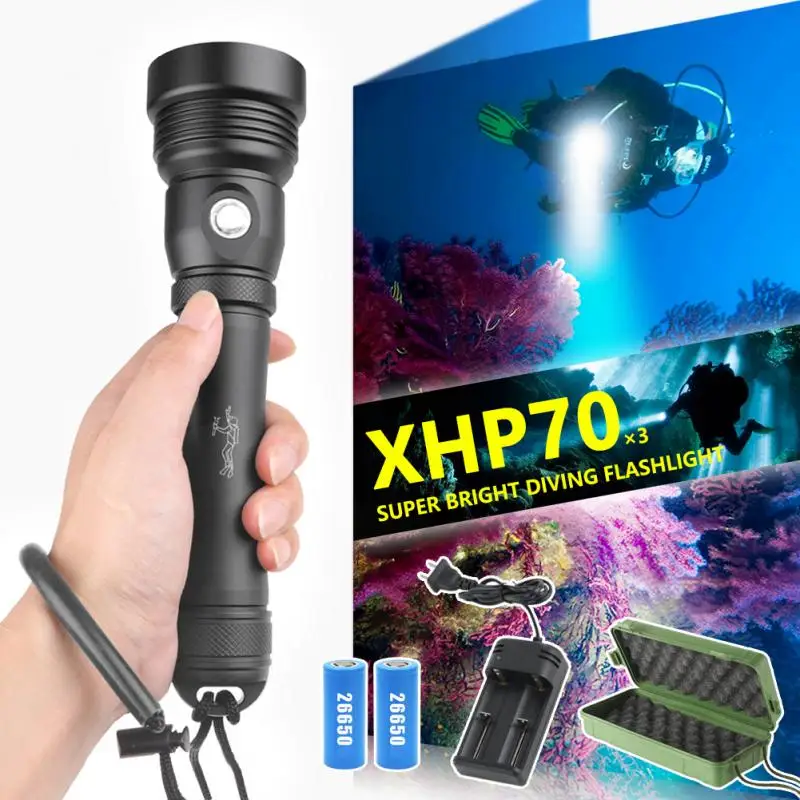 

Фонарик для дайвинга XHP70, супер яркий светодиодный IPX68 водонепроницаемый 18650 перезаряжаемые подводные фонари, охотничий профессиональный ф...