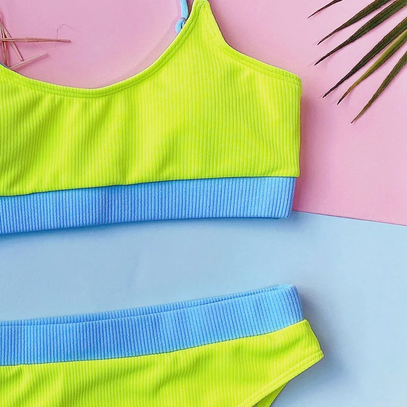 

NewAsia Knitted Bikini Set Color Blocking Patchwork High Waist Bra And Panty Set Women Sexy Summer Beach Party Wear Bathing Suit