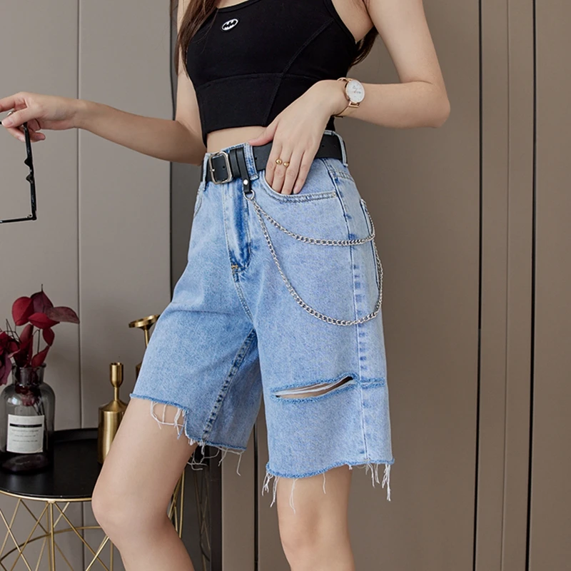 

Summer Women Jeans Women Pants Casual Ripped Tassel Metal Chain Denim Jeans High Waist Knee Length Straight Wide Leg Pants