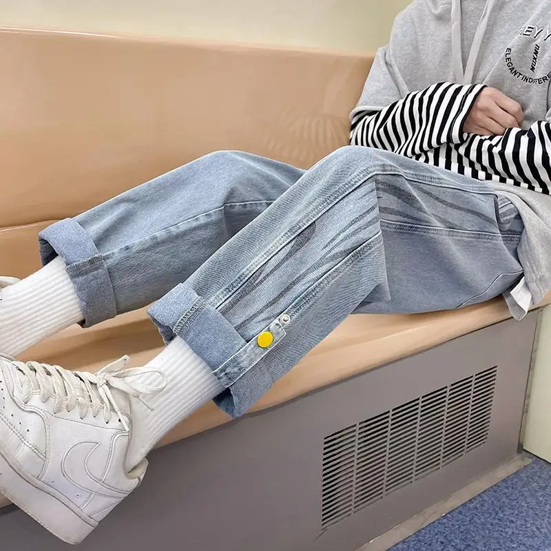 

Chic light color curled jeans women's high waist show thin versatile loose straight tube daddy pants high street fashion