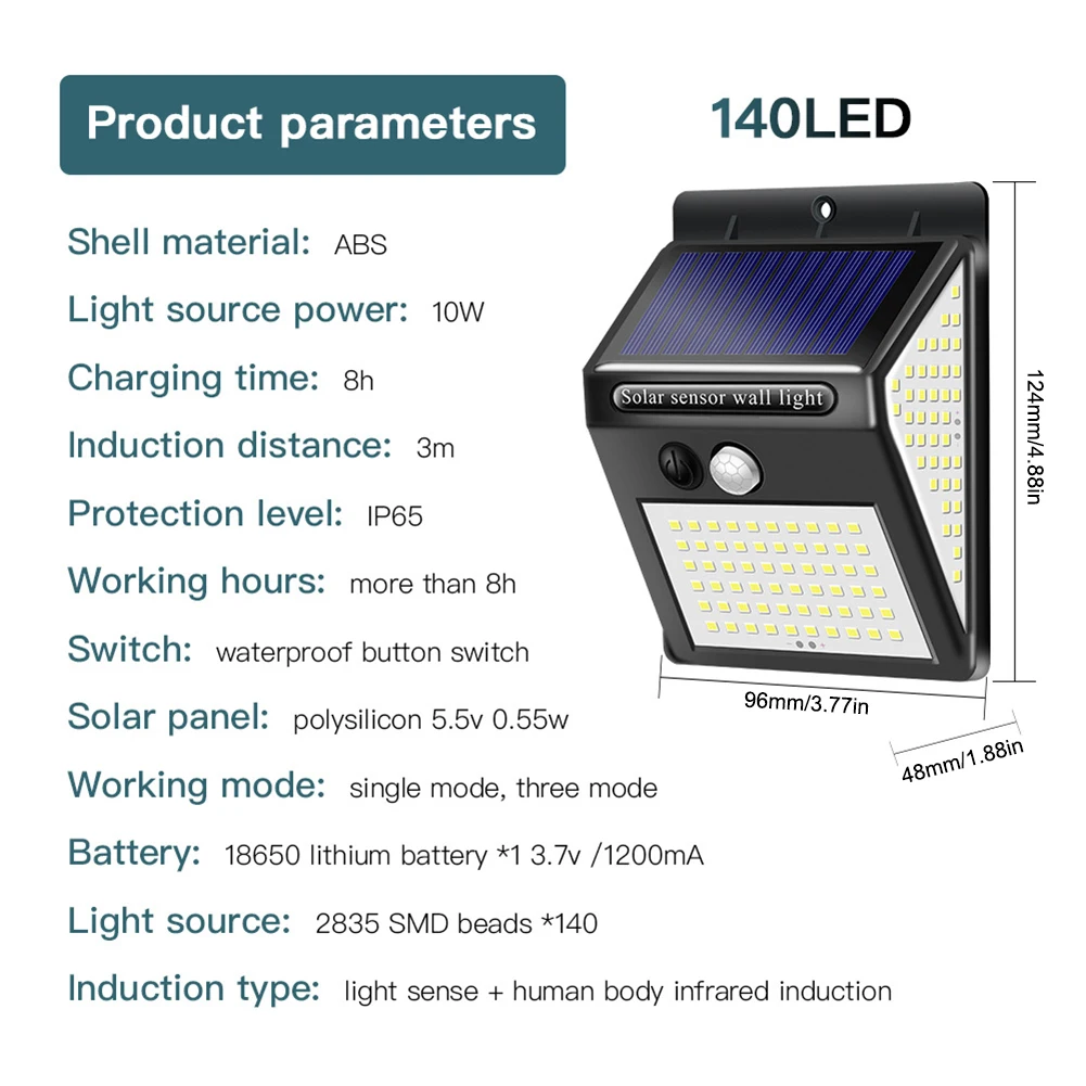 

140LED Solar Light Outdoor Solar Lamp PIR Motion Sensor Wall Light IP65 Waterproof Solar Powered Sunlight For Garden Decoration
