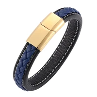 trendy men jewelry accessories blue black leather bracelet gold stainless steel magnetic clasp punk male leather bangle sp0217