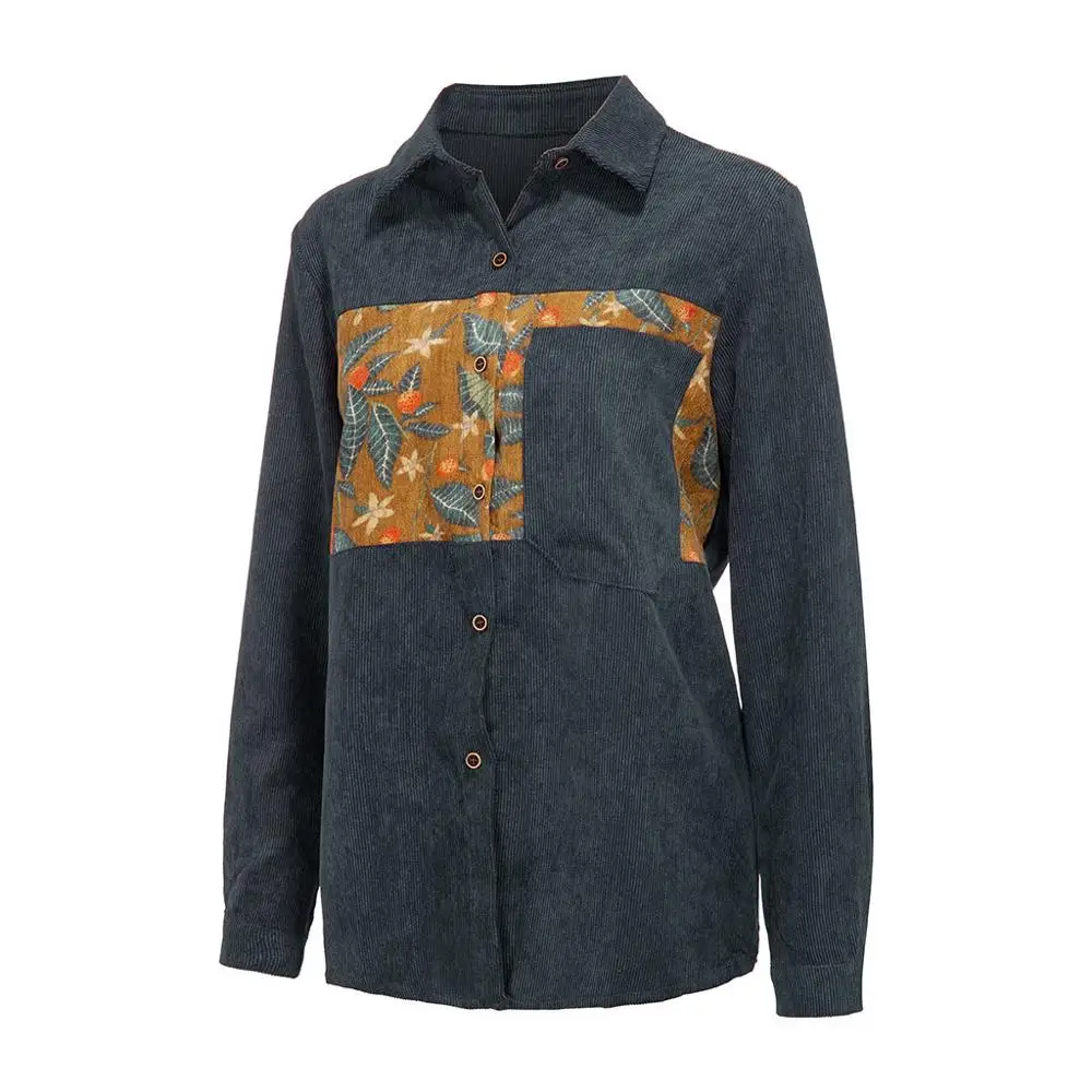 Женская винтажная Вельветовая блузка с длинным рукавом и цветочным