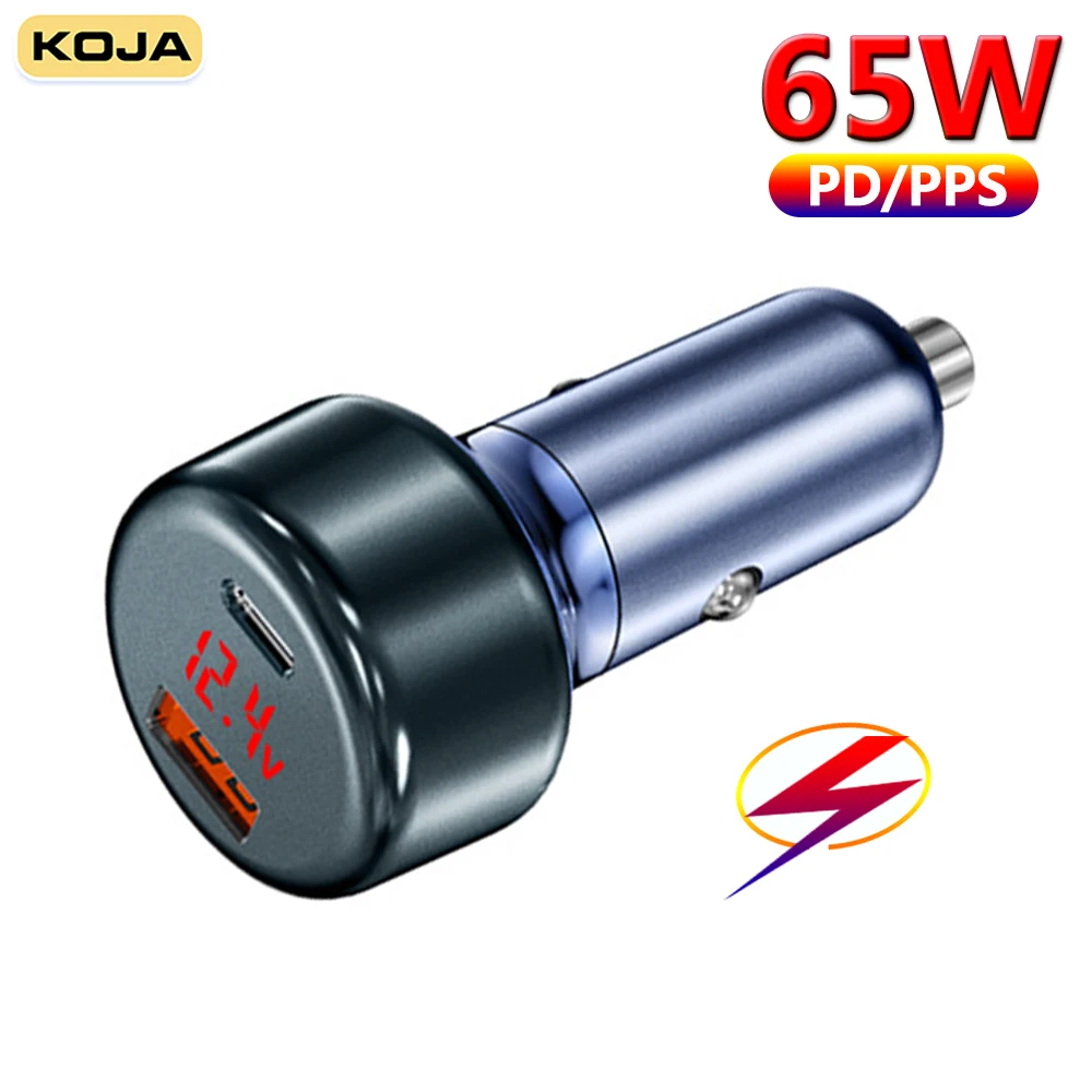 

KOJA 65W Car Charger USB Type C Dual Port PPS FCP AFC PD QC3.0 Fast Charging For Laptop IPhone12 Samsung S20 Xiaomi Mobile Phone