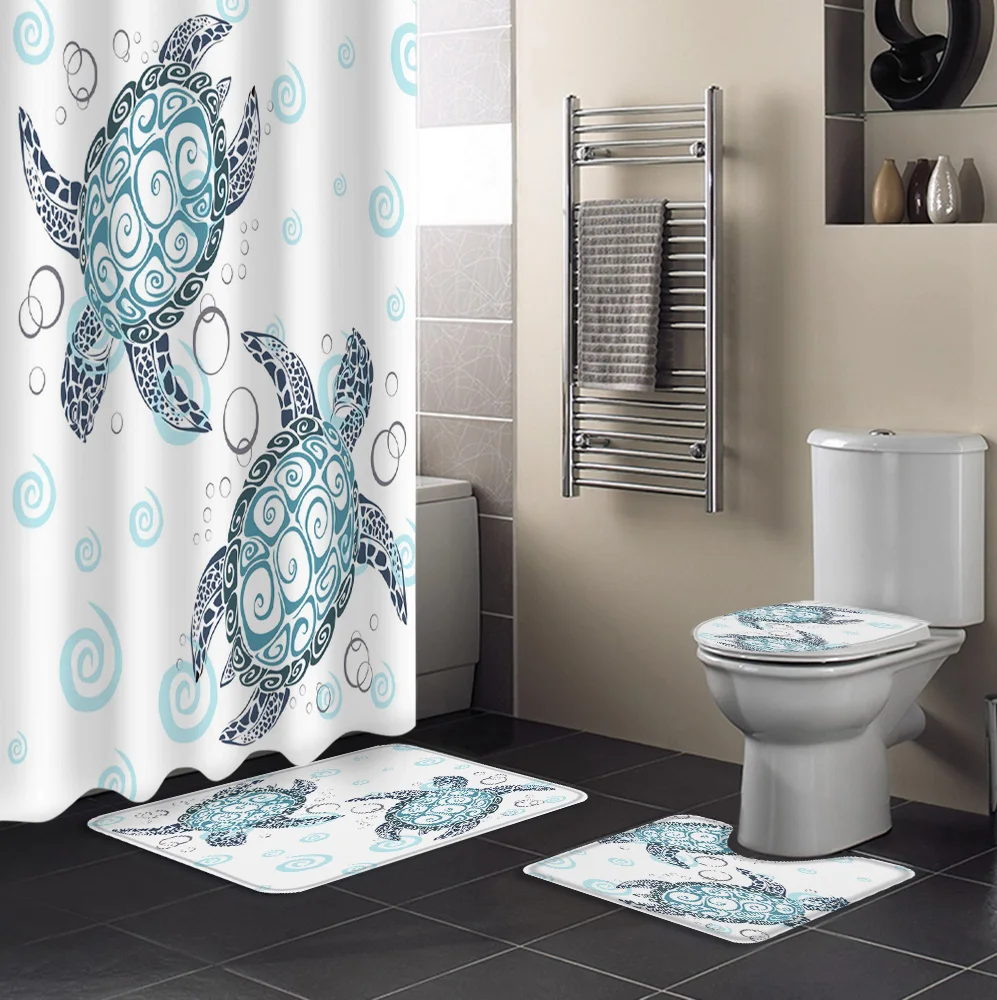 Bathroom Waterproof Shower Curtain Turtle Sea Bubble Deep Blue Pedestal Rug Lid Carpet Toilet Cover Set Bath Mat | Дом и сад
