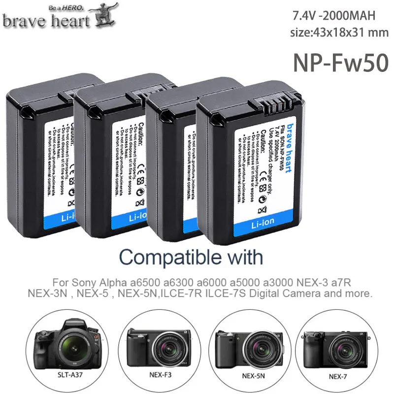 4 шт. 2000 мА/ч, NP-FW50 NP FW50 Батарея AKKU для sony NEX-3N NEX-5 NEX-5N NEX-5R Альфа a5000 a6500 DSC-RX10 Альфа a7S a7II Альфа 7R - Цвет: 4battery