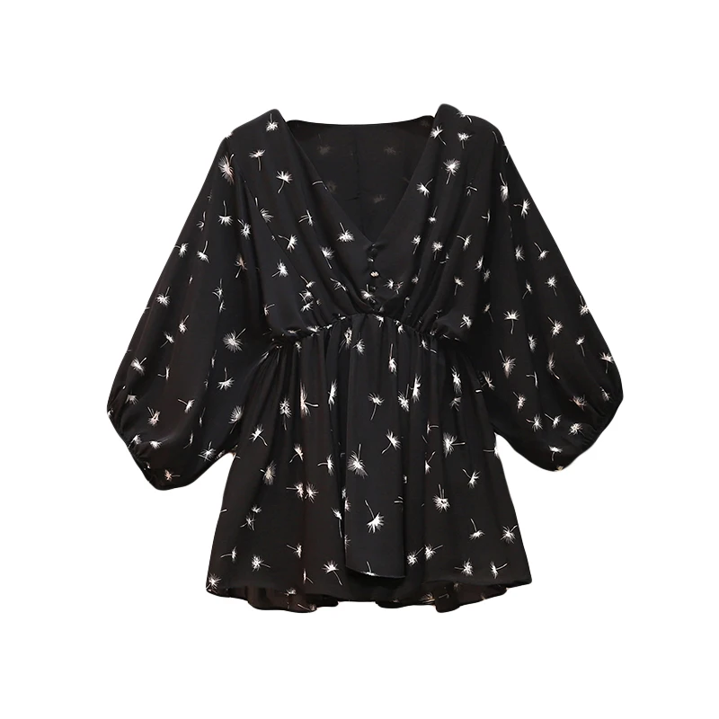 

EHQAXIN 2021 Summer Fashion Ladies Korean V-Neck Floral Chiffon Shirt Dress Loose Pullover Short Button Top Casual Style L-4XL