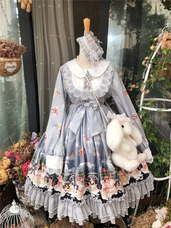 Only OP Dress Дворцовый стиль Лолиты Принцесса Винтаж снежный шар снеговик шаблон OP платье женские Kawaii Кукла Воротник Кружева оборками зимнее платье - Цвет: Only OP Dress