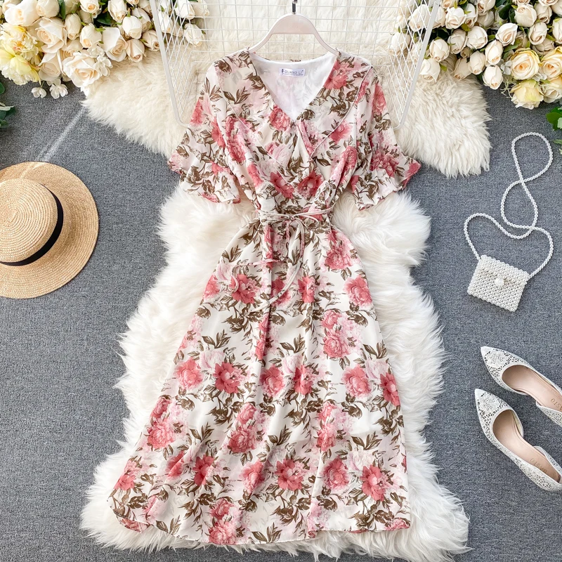Женское элегантное платье с рюшами и v-образным вырезом в стиле ретро весна-лето