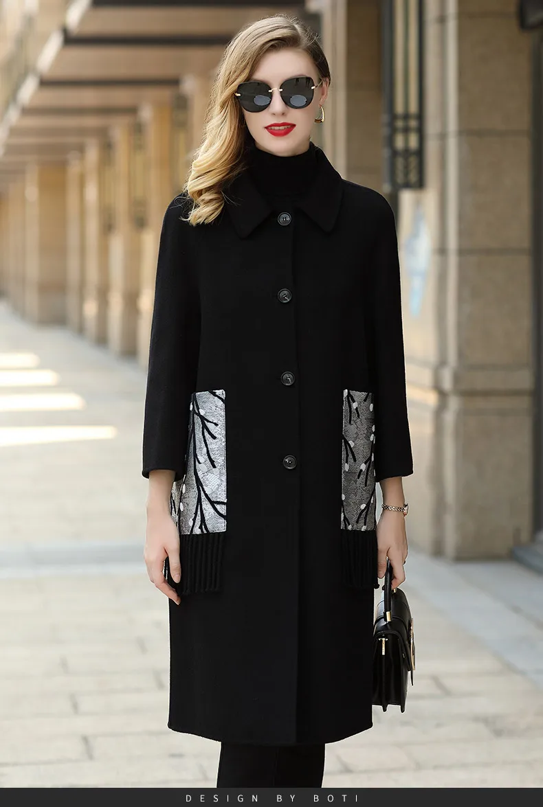 

2020 fashion simple European style double-sided woolen coat contrast color pocket women's woolen coat