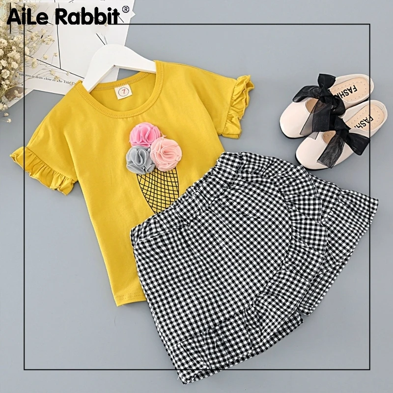 Комплект одежды для девочек модная желтая рубашка с рисунком мороженого и