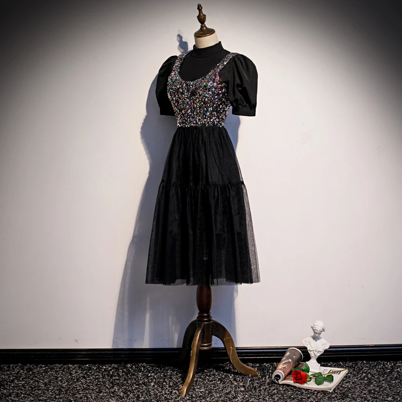 

Prom Gowns Sequins Tulle Stitching Black A-line Tea-length High Neck Short Sleeves Plus size Customized Women Party Dress R1344