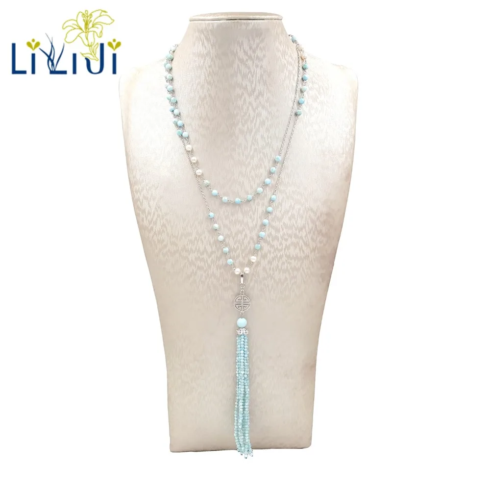 Achat LiiJi – Collier Larimar En Fil D'argent Sterling 925, Perle D'eau Douce Unique, Long Pendentif Fait à La Main, Bonheur, Longue Durée, 79cm