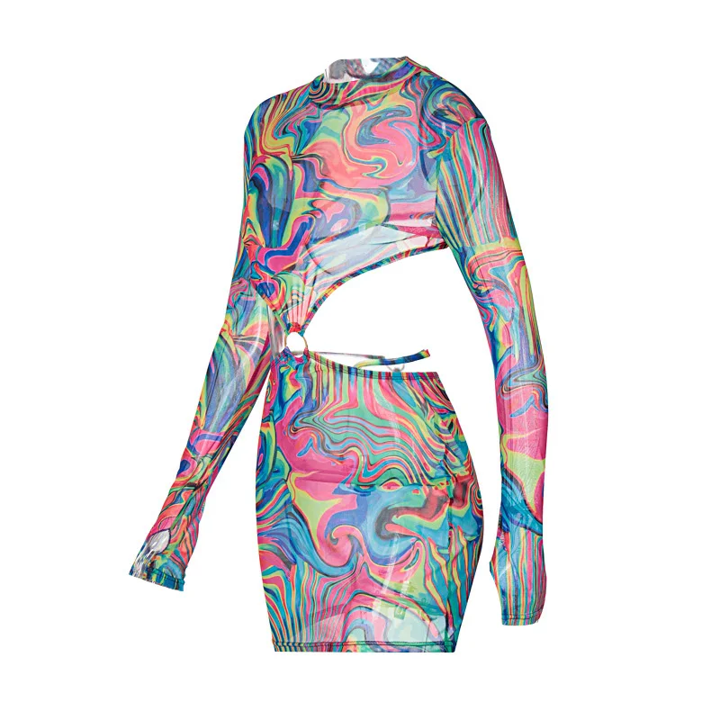

Summer Mesh Bodycon Dress Sexy Long Sleeve Bandage Hollow Out Womens Dresses Fishnet See Through Club Wear Mini Dress