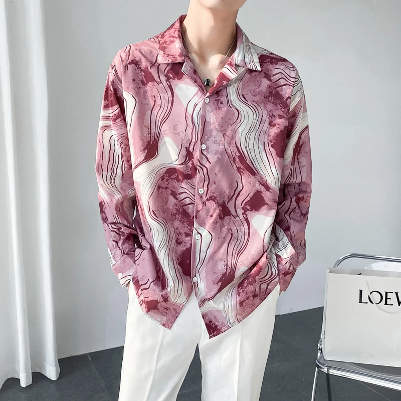 2021 Autumn Printed Shirt for Men Long Sleeve Loose Casual Shirt Korean Streetwear Social Party Tuxedo Nightclub Chemise Homme