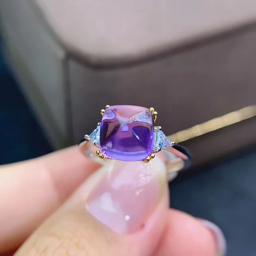 Лучший подарок натуральный мех кольцо с натуральным аметистом 925 серебро