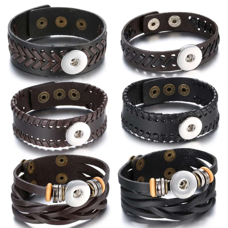 Новый кожаный с кнопкой браслет ручной работы коричневый черный для мужчин и