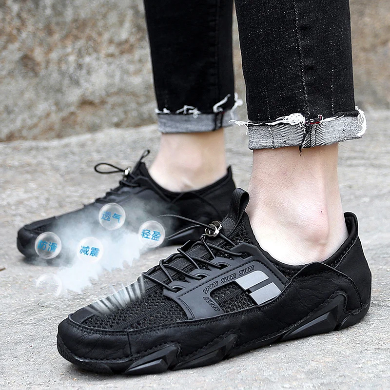 

HUCHAO 2021 Men's Shoes Summer Thin Breathable Net Shoes All-match Lightweight Mesh Hollow Lazy Sandals Men Fashion Casual Shoes