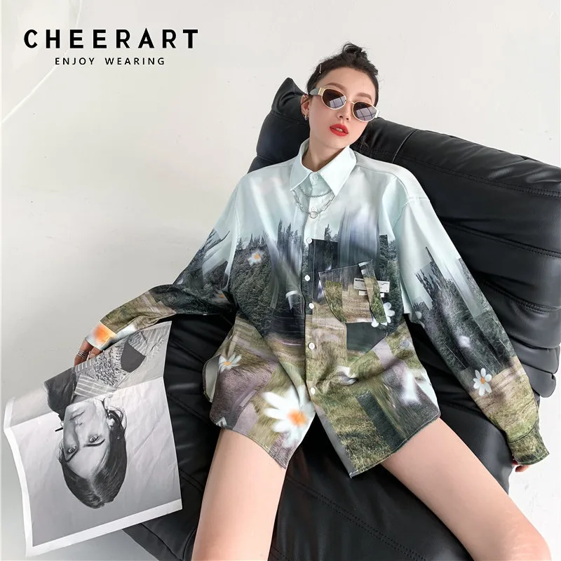 

CHEERART Forest Print Oversized Shirt Women Long Sleeve Top And Bloues Blue Green Button Up Shirt Daisy Floral Blouse Clothes