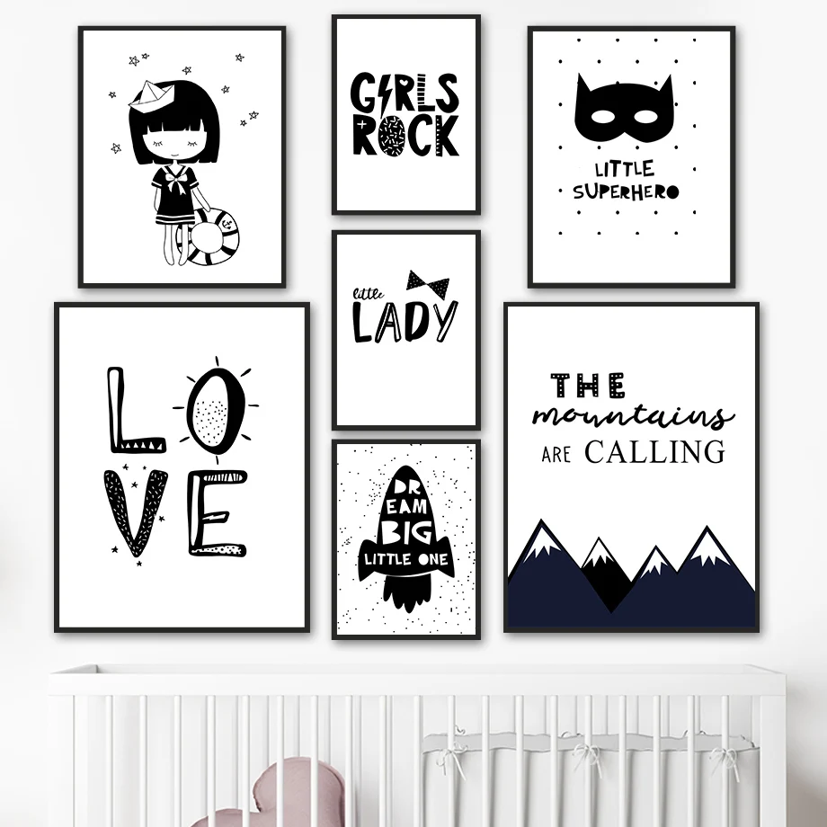

Girl Mask Rocket Mountain Black White Cartoon Wall Art Canvas Painting Nordic Posters And Prints Wall Pictures Kids Room Decor