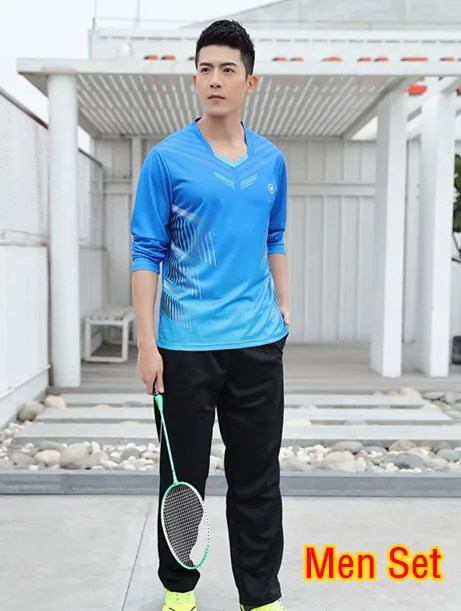 blue men set High Quality Women& Men Long Sleeve Tennis Shirts Pants Tracksuits Autumn Badminton Set Table Tennis Uniform Sports Kit Custom - Цвет: blue men set