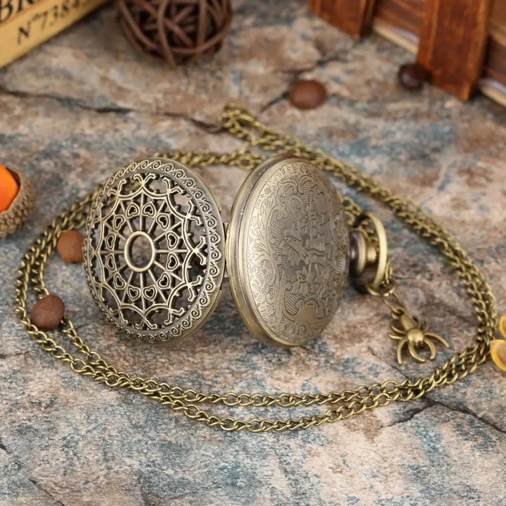 

Antique Steampunk Bronze Spine Ribs Hollow Quartz Pocket Watch Necklace Pendant sweater chain Women Gift P01