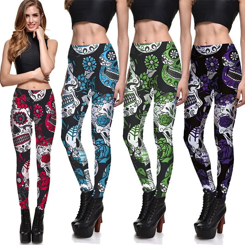 

New 2021 Women's Yoga Pants Plus Size 4XL Leggings Skull Digital Print Capri Slim Pants Yoga Pantalones Gym Fitness Leggings