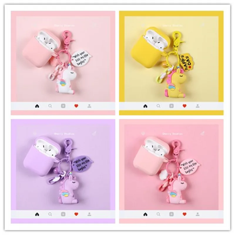 

Силиконовый чехол радужного цвета для AirPods 1/2, милый мультяшный чехол для наушников с единорогом для Apple Airpods 2, Защитные Чехлы, чехол с подвес...