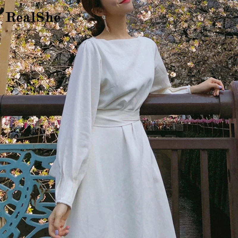 RealShe женское платье элегантное с круглым вырезом длинным рукавом одноцветное