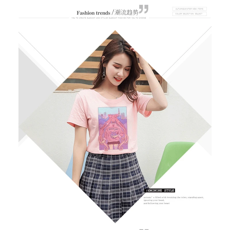 Sailor Moon 90s Funny Pink T Shirt Harajuku Clothes Tshirt Aesthetic Cat Anime Vogue T-shirt Kawaii Graphic Tees Ullzang Women