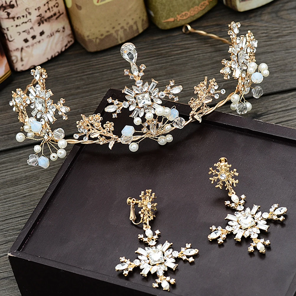 1Set Bride Headdress Exquisite Rhinestone Floral Luxury Crown with Earrings for Lady | Hair Accessories Set