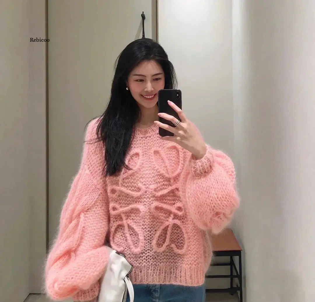 

Spring Fall Women's Sweaters Pullover Knitting O-Neck Lantern Sleeve Loose Elegant Casual Solid Tops