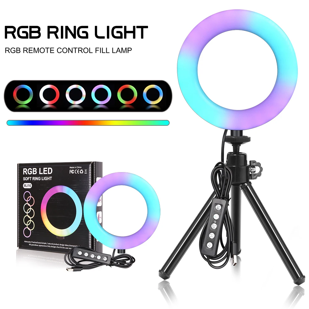Anillo de luz LED RGB de 6 pulgadas para Selfie, lámpara con soporte para trípode, enchufe USB, 15