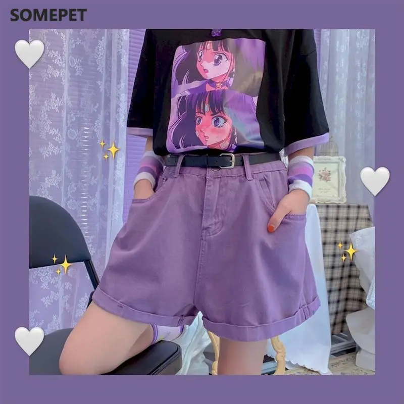 

purple high waist denim shorts Harajuku women streetwear Korean womens clothing bf plus size shorts joggers summer short
