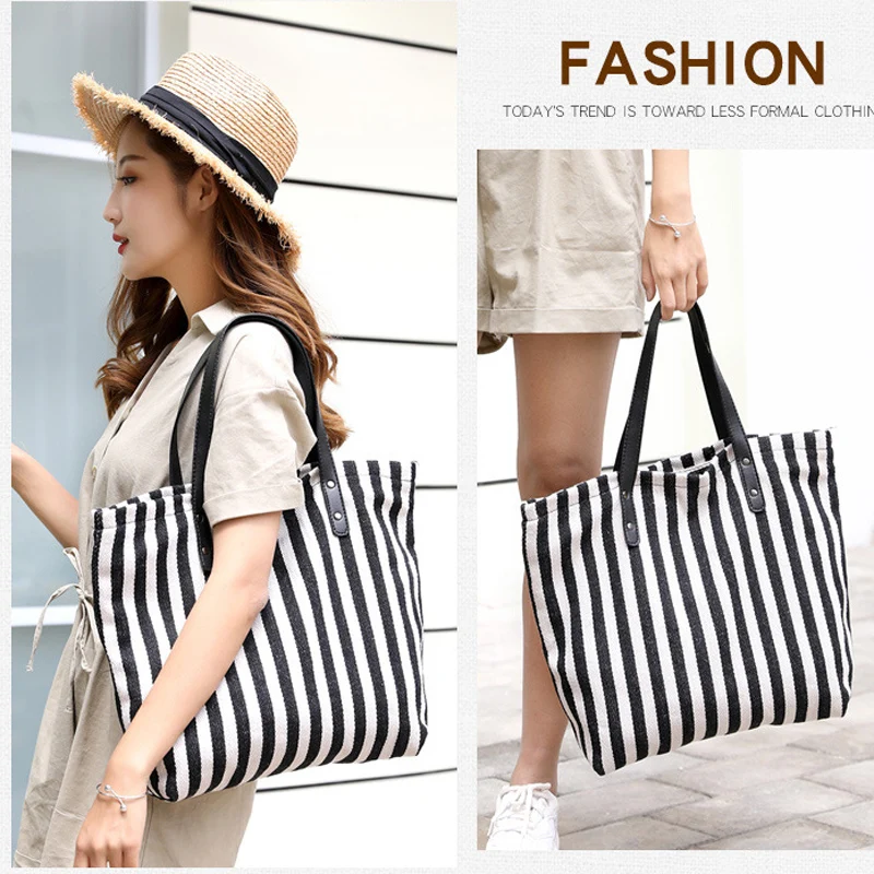 KVKY большая холщовая модная прочная женская сумка через плечо в черно-белую