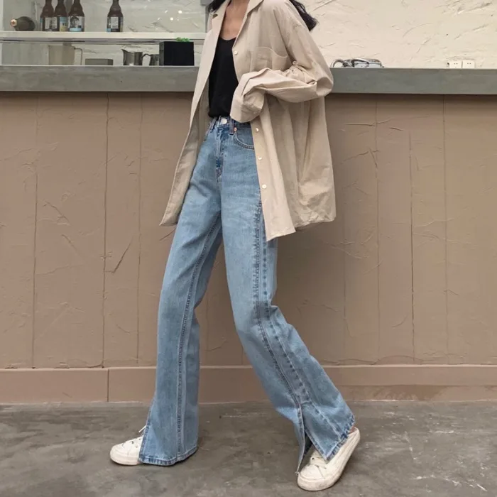 

Свободные прямые джинсы для женщин, новинка весны 2021, облегающие драпированные брюки с высокой талией и широкими штанинами в гонконгском ст...