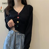 rainbow color button short long sleeve sweater women sweet knitted cardigan autumn new female korean fits v neck outer jacket