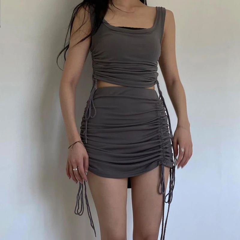 

Rapcopter Ruched Drawstring Mini Skirts Solid Skinny Short Skirts Vintage Korean Style Summer High Waist Skirts Streetwear 2021