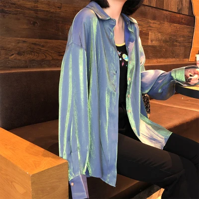 

New come ! Transparent Laser Symphony Sunscreen Pocket Jersey Jacket Clear Jacket Iridescent Glossy Hologram Shirt Blouse