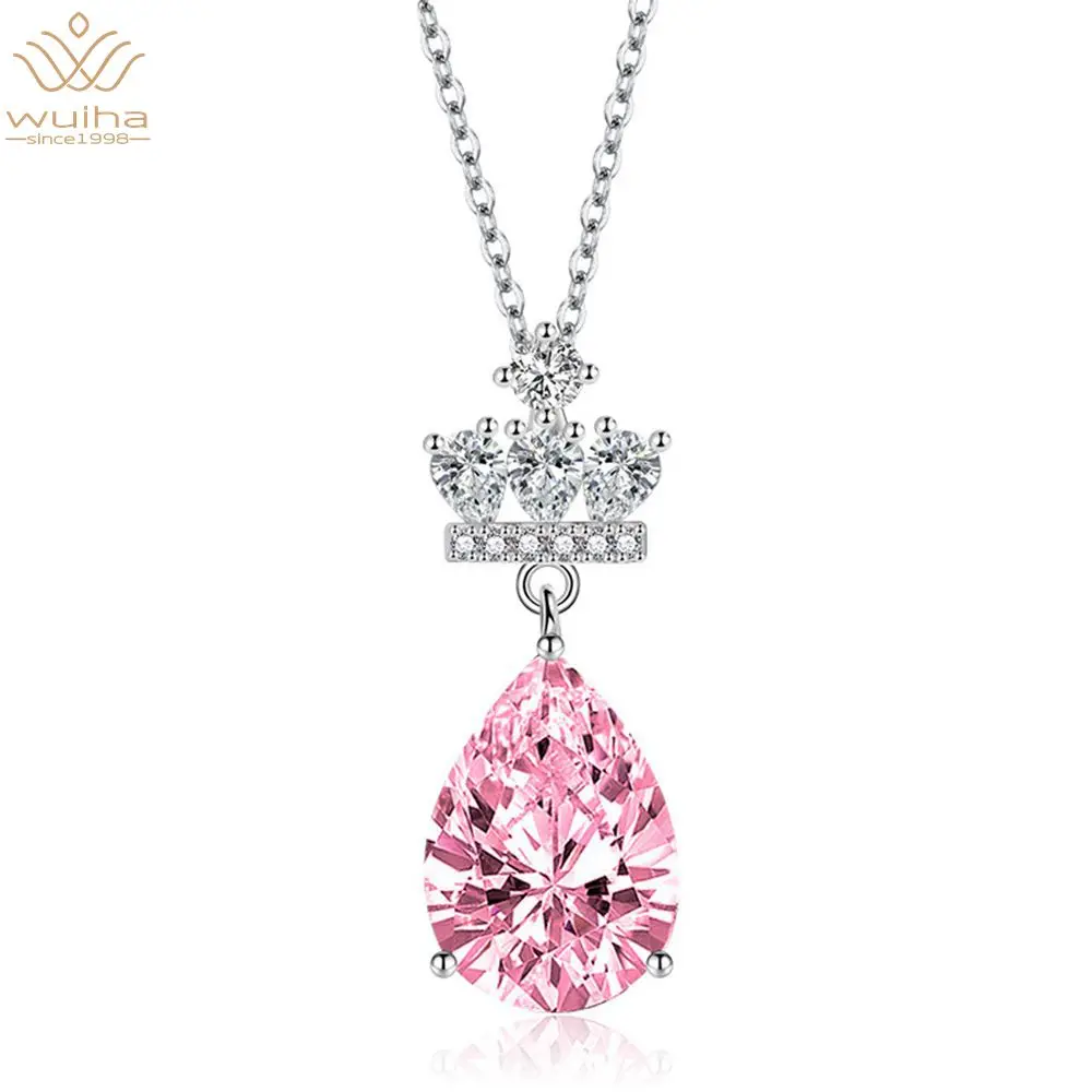 

WUIHA Luxury 100% 925 Sterling Silver Pear Cut Citrine Pink Saphire High Carbon Diamond Crown Pendant Necklace Lady Fine Jewelry