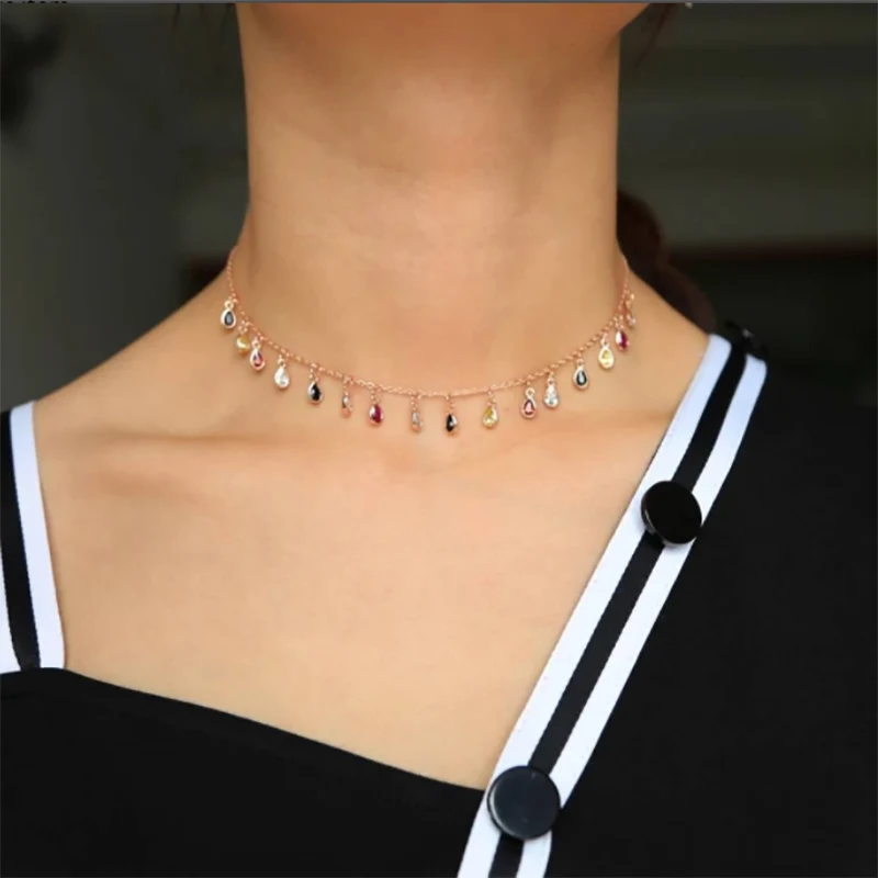 Золото cz ожерелье Радуга чокер Подвеска для женщин дьявол глаз сердце Плам