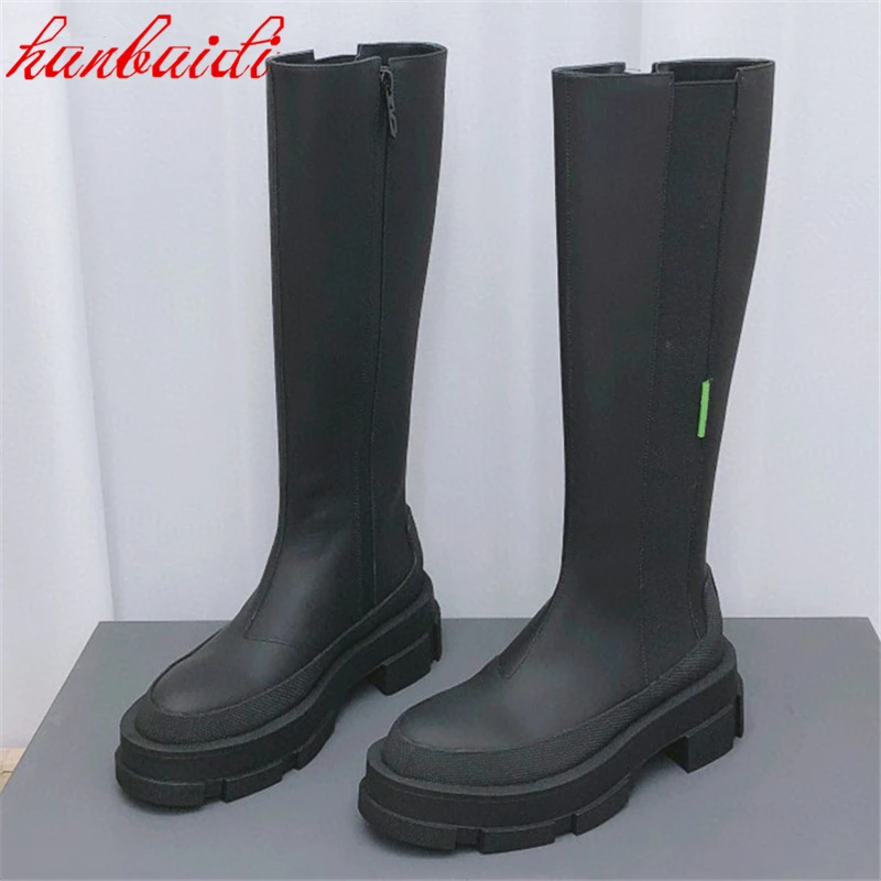 

Роскошные рыцарские сапоги, зимние женские длинные сапоги Челси, черная кожаная обувь на платформе в стиле панк, модные сапоги без застежек ...