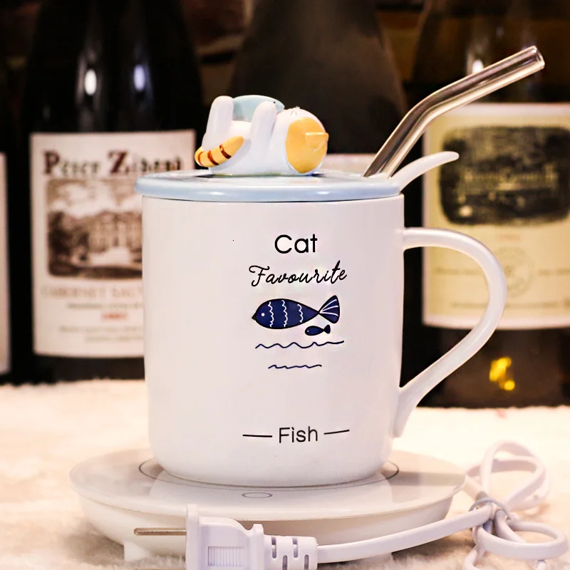 Керамические кофейные кружки с ложкой и изображением милого мультяшного кота